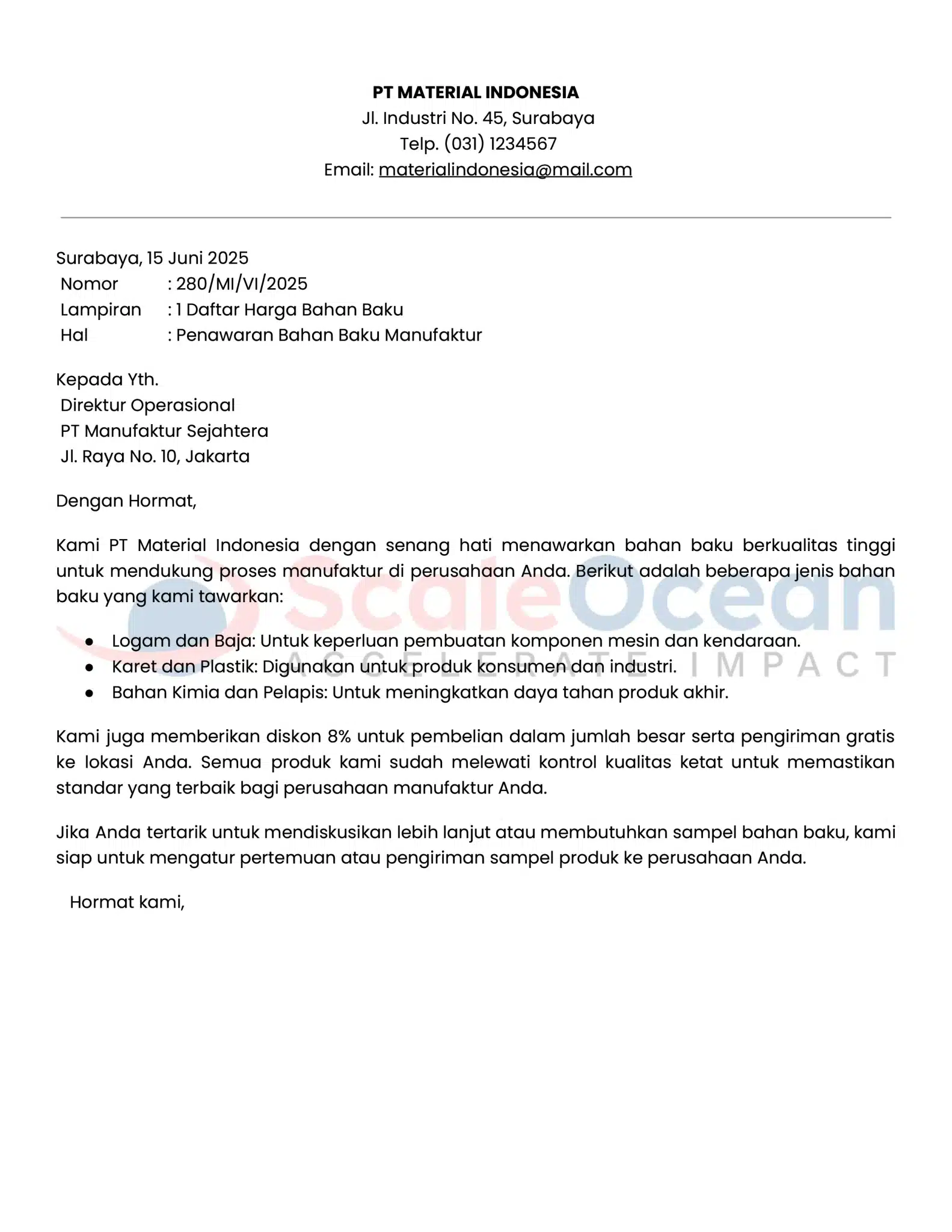 Contoh Surat Penawaran Bahan Baku Manufaktur