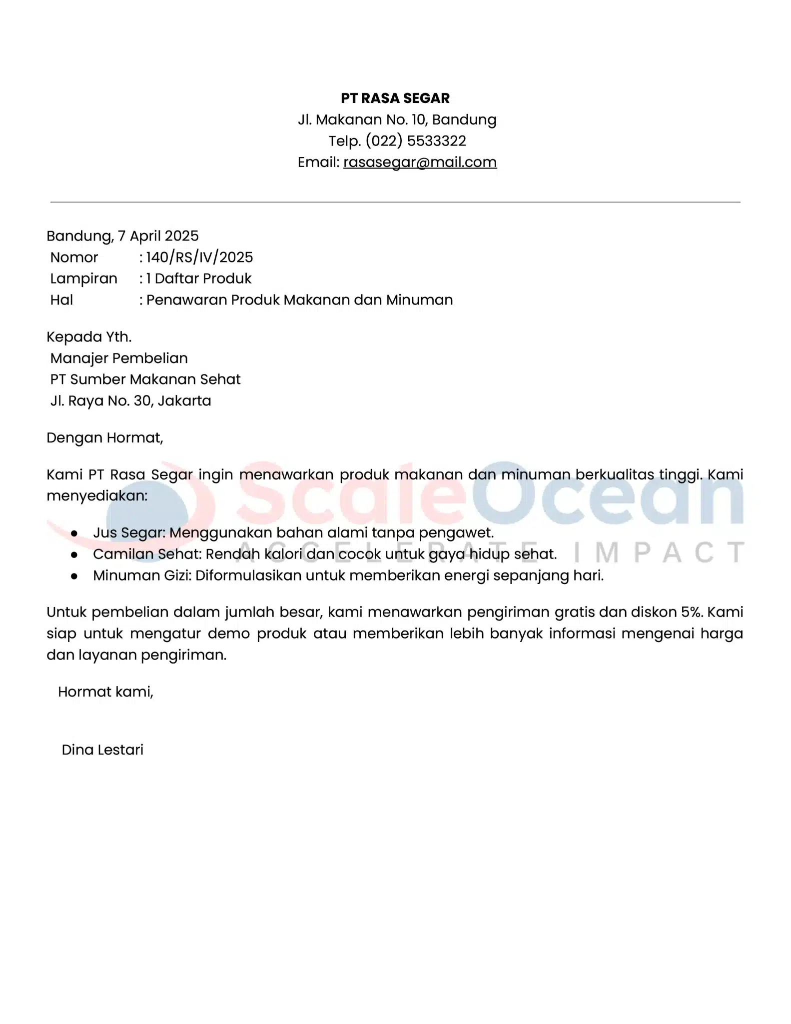 Contoh Surat Penawaran Produk Makanan dan Minuman