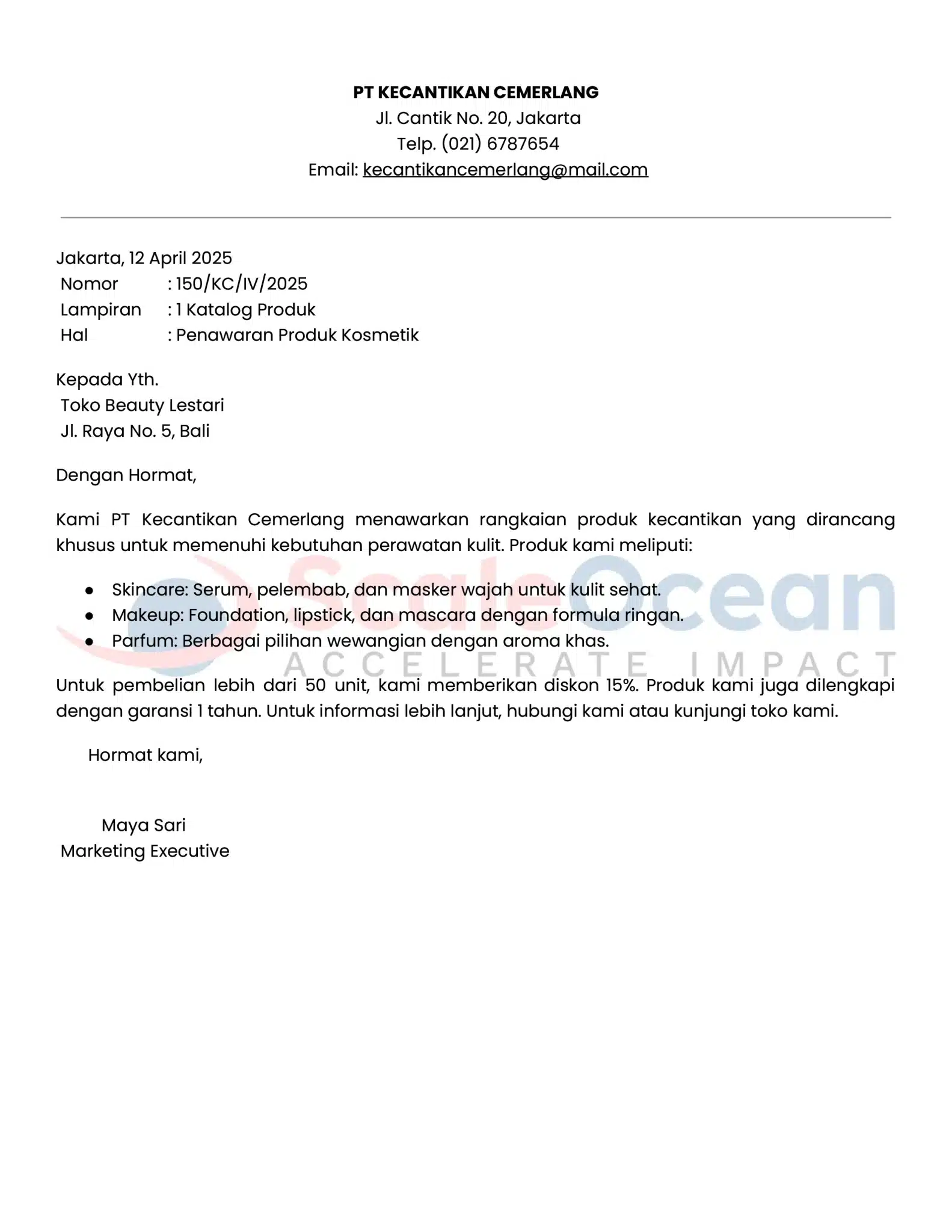 Contoh Surat Penawaran Produk Kosmetik