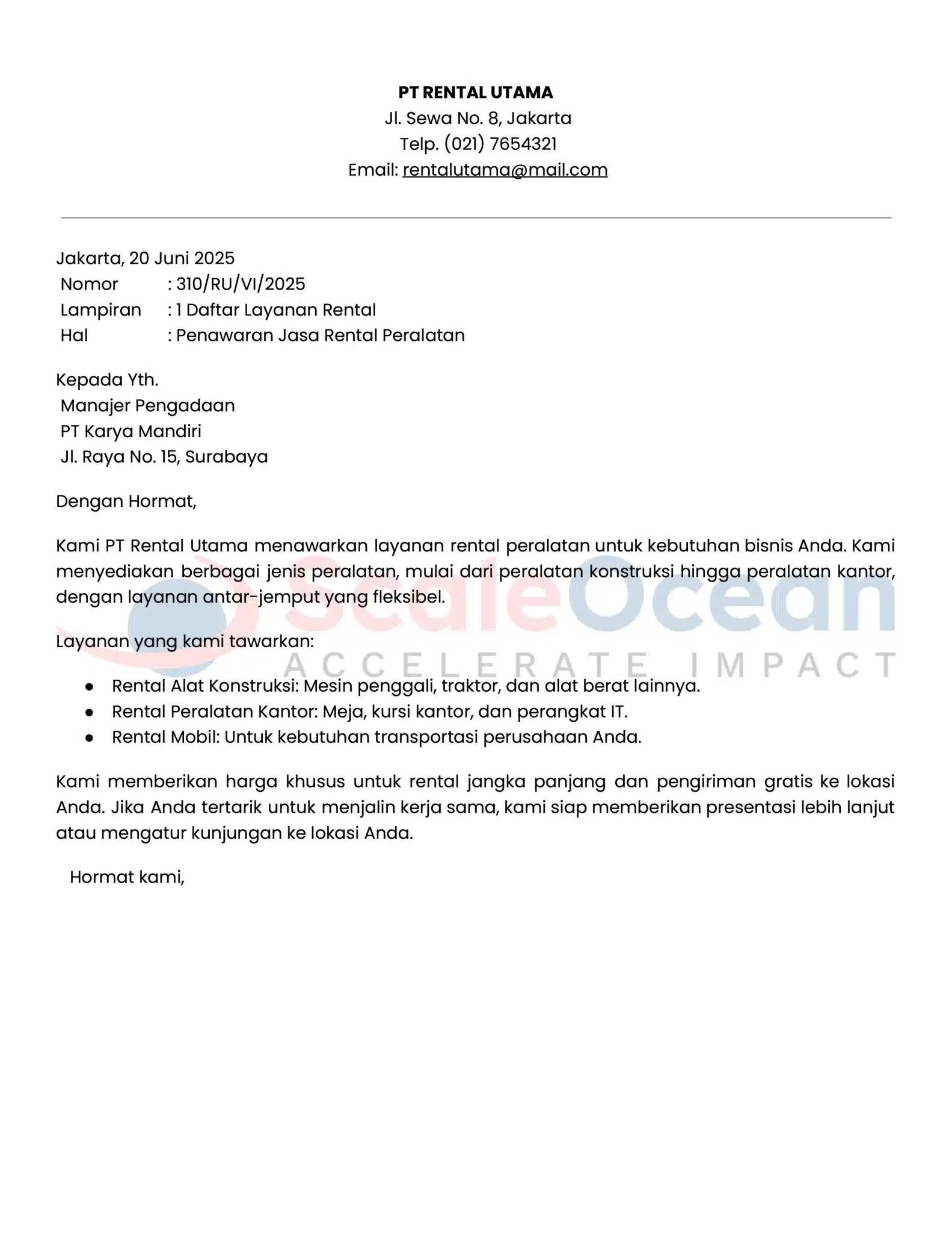 Contoh Surat Penawaran Barang dan Jasa Rental