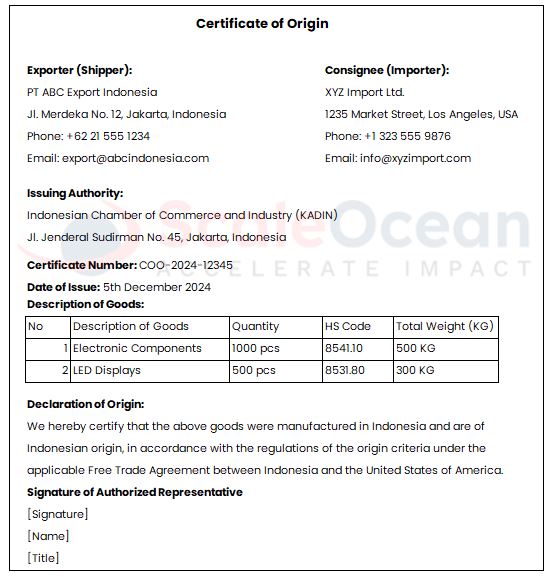 contoh certificate of origin