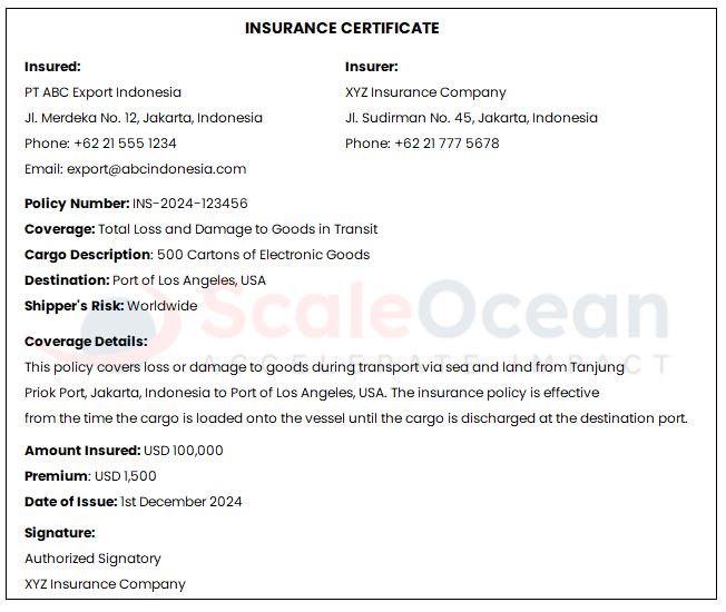 contoh insurance certificate