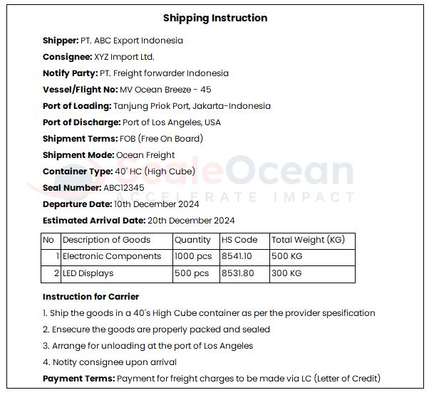 contoh shipping instruction