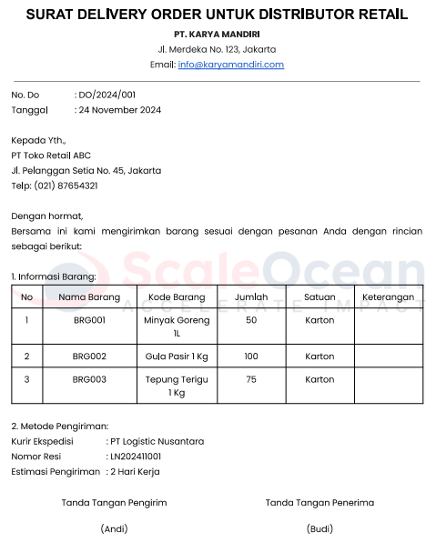 contoh surat delivery order distributor retail