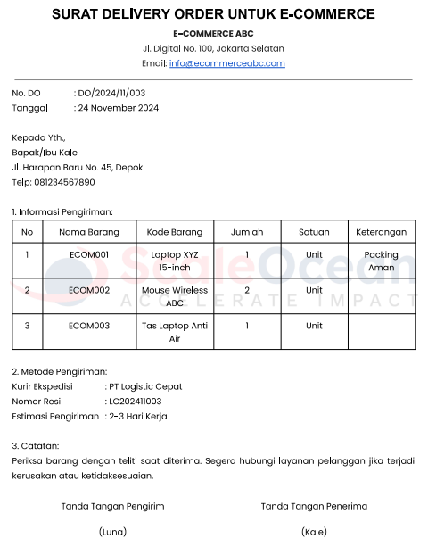 contoh surat delivery order e-commerce