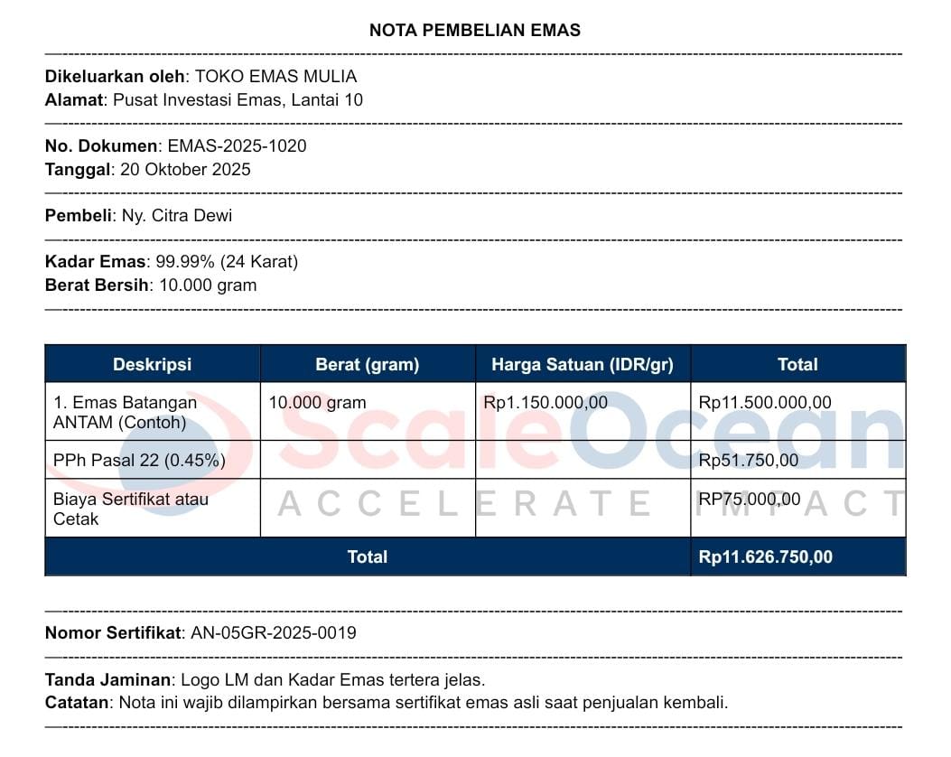 Berikut adalah contoh nota pembelian emas.