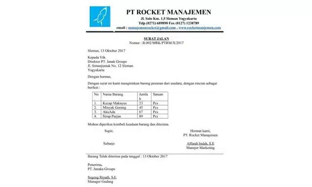 Contoh Surat Jalan Pengiriman Bahan Makanan