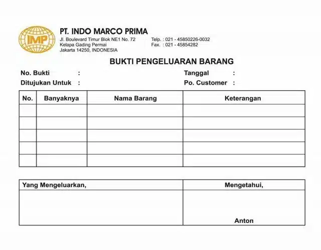 Contoh Surat Bukti Pengeluaran Barang