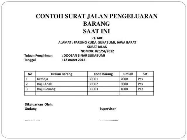 Contoh Surat Jalan Pengiriman Pakaian