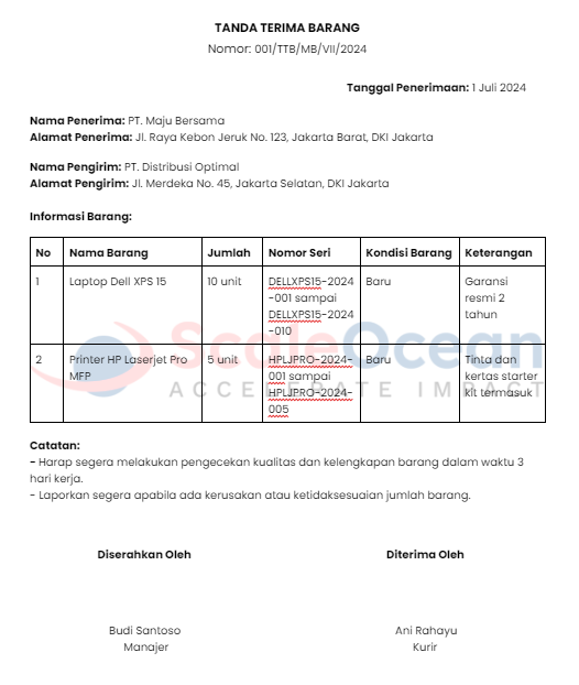 Contoh Nota Tanda Terima Barang