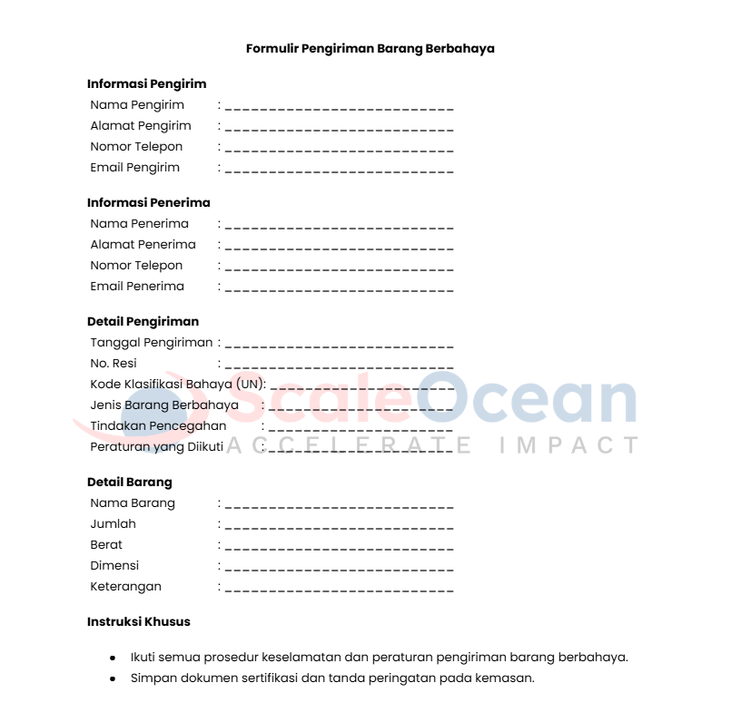 Contoh Formulir Pengiriman Benda Cair atau Berbahaya