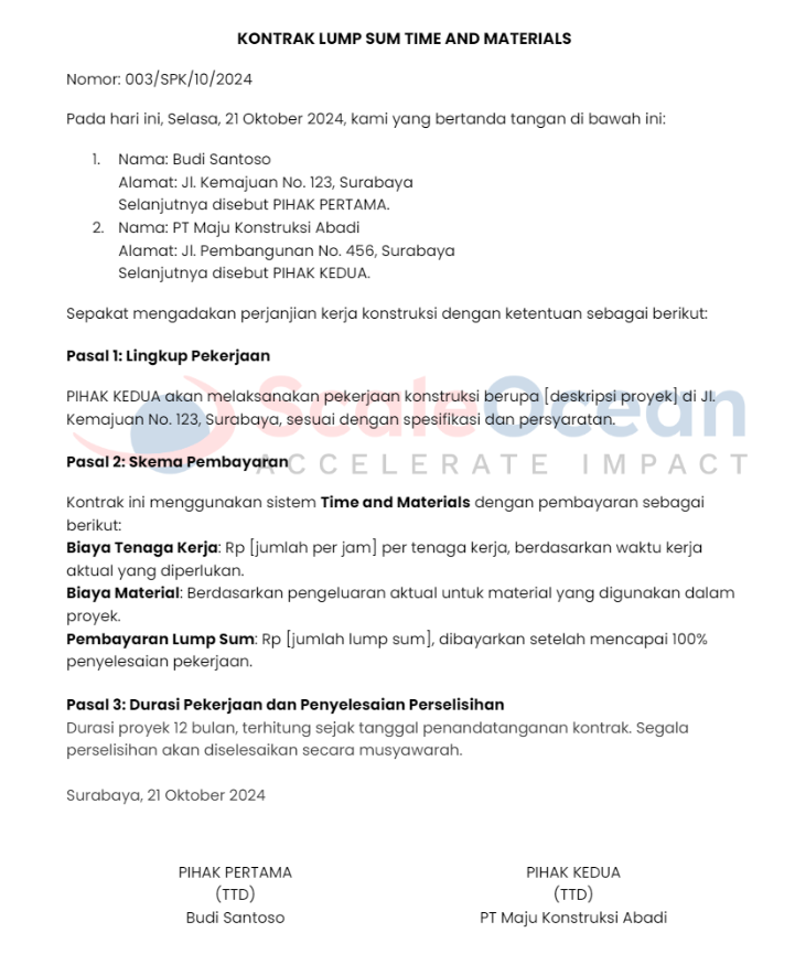 contoh kontrak lump sum time and materials