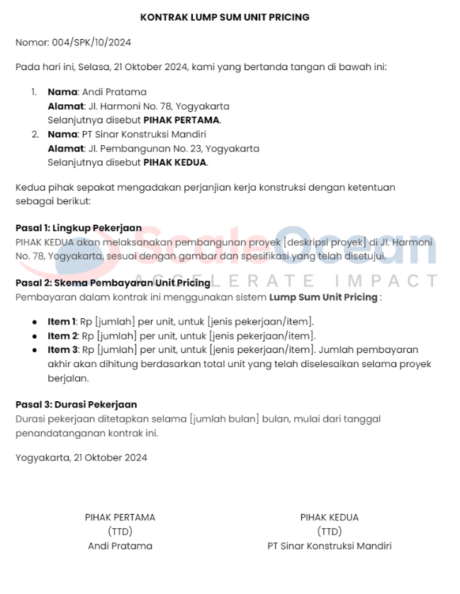 contoh kontrak lump sum unit pricing