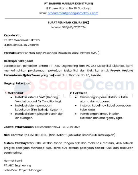 surat perintah kerja pekerjaan mekanikal dan elektrikal