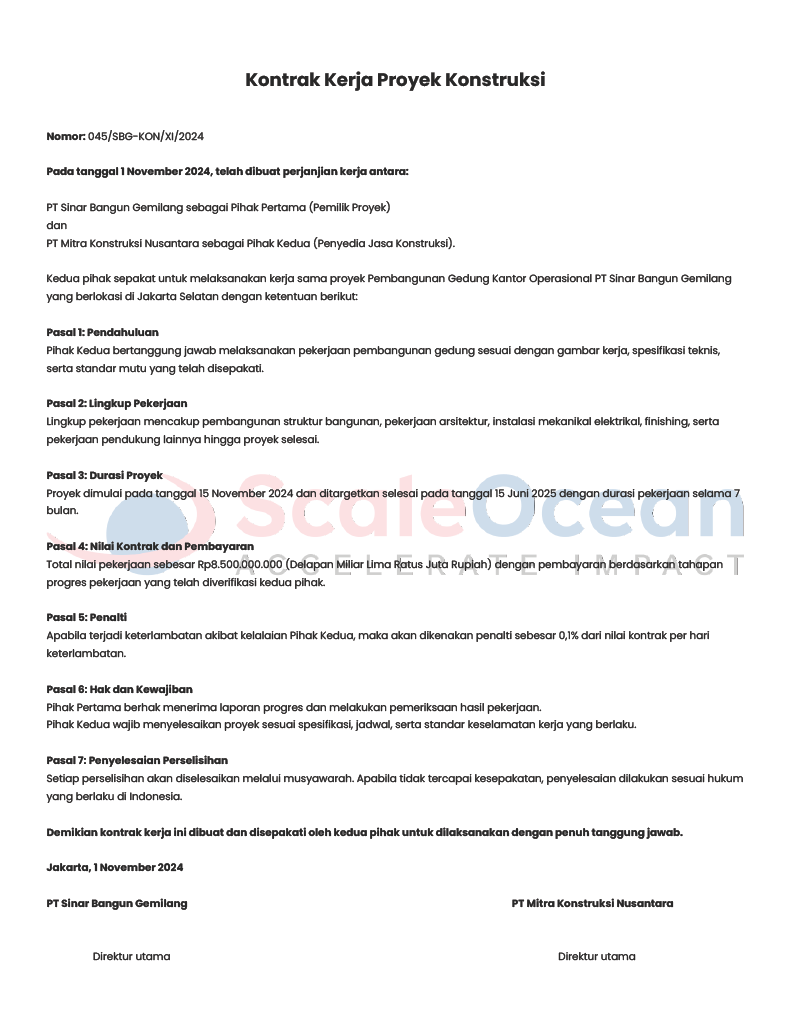 Contoh Kontrak untuk Sebuah Proyek Kontruksi