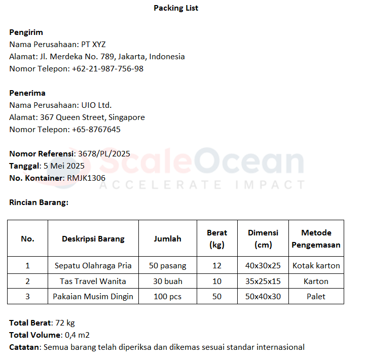 contoh dokumen ekspor impor packing list