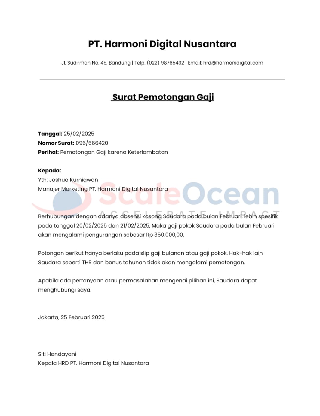 Contoh surat pemotongan gaji karyawan karena keterlambatan.