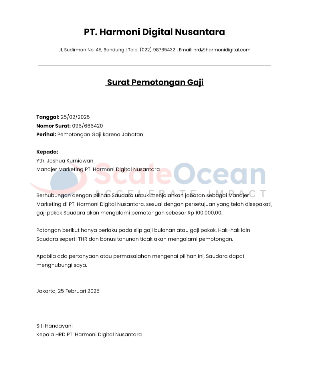 Contoh surat potongan gaji karyawan untuk iuran perusahaan.