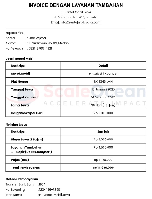 Contoh Invoice dengan Layanan Tambahan