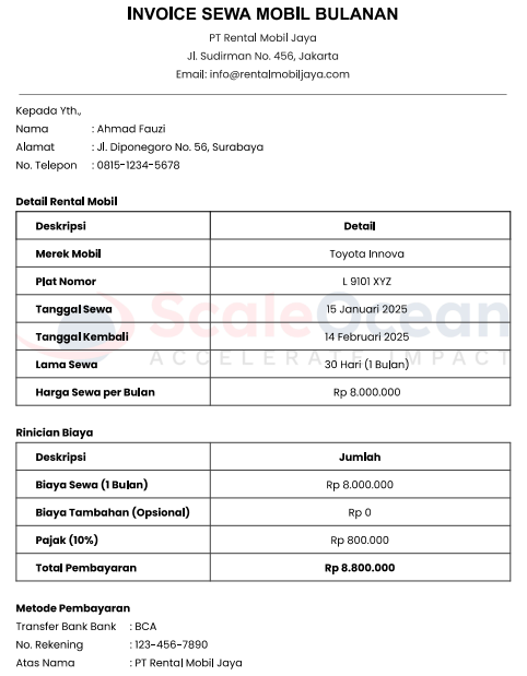 Contoh Invoice Sewa Mobil Mingguan