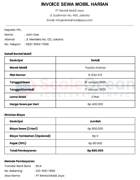Contoh Invoice Sewa Mobil Harian
