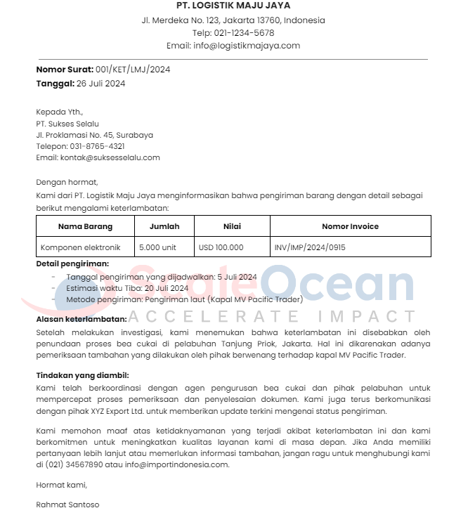 Contoh Surat Keterangan Keterlambatan Pengiriman Barang