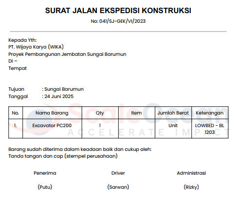 Contoh Surat Jalan Ekspedisi Konstruksi