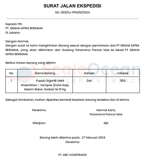 Contoh Surat Jalan Ekspedisi Pupuk