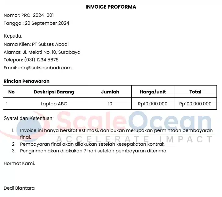 Berikut ini adalah contoh dokumen Profroma Invoice