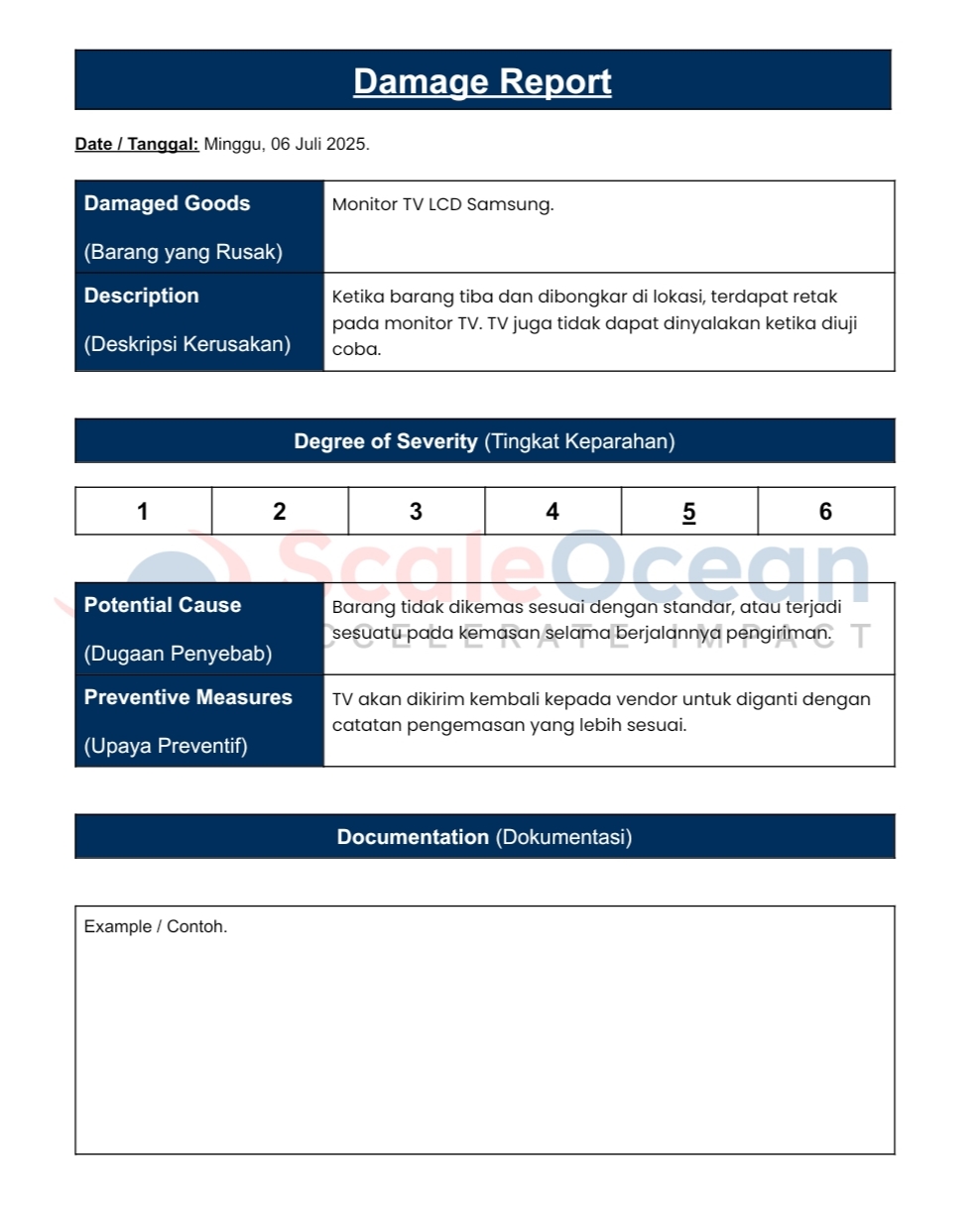 Contoh damage report kasus penyimpanan dan pengiriman barang.