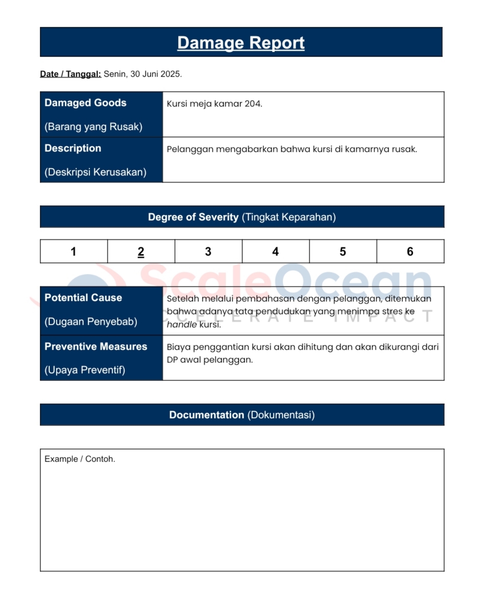 Contoh damage report kasus perhotelan.