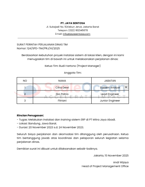 Contoh Surat Perjalanan Dinas untuk Penugasan Kolektif atau Tim