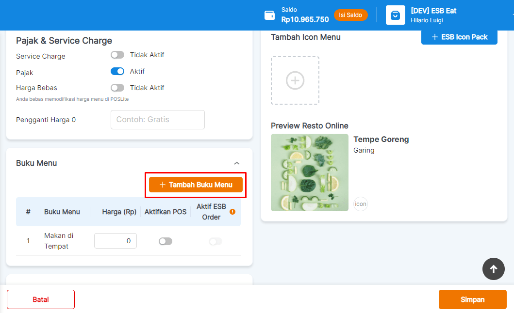 Contoh dashboard aplikasi kasir ESB.