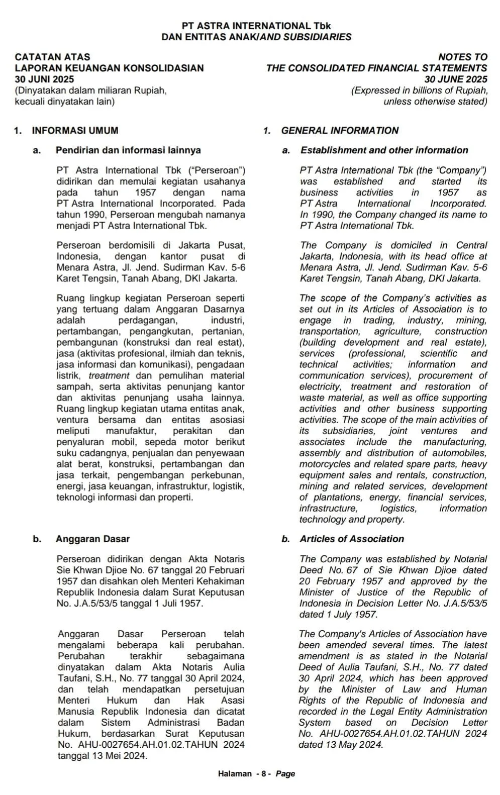 Berikut adalah contoh catatan atas laporan keuangan dalam laporan keuangan konsolidasi.