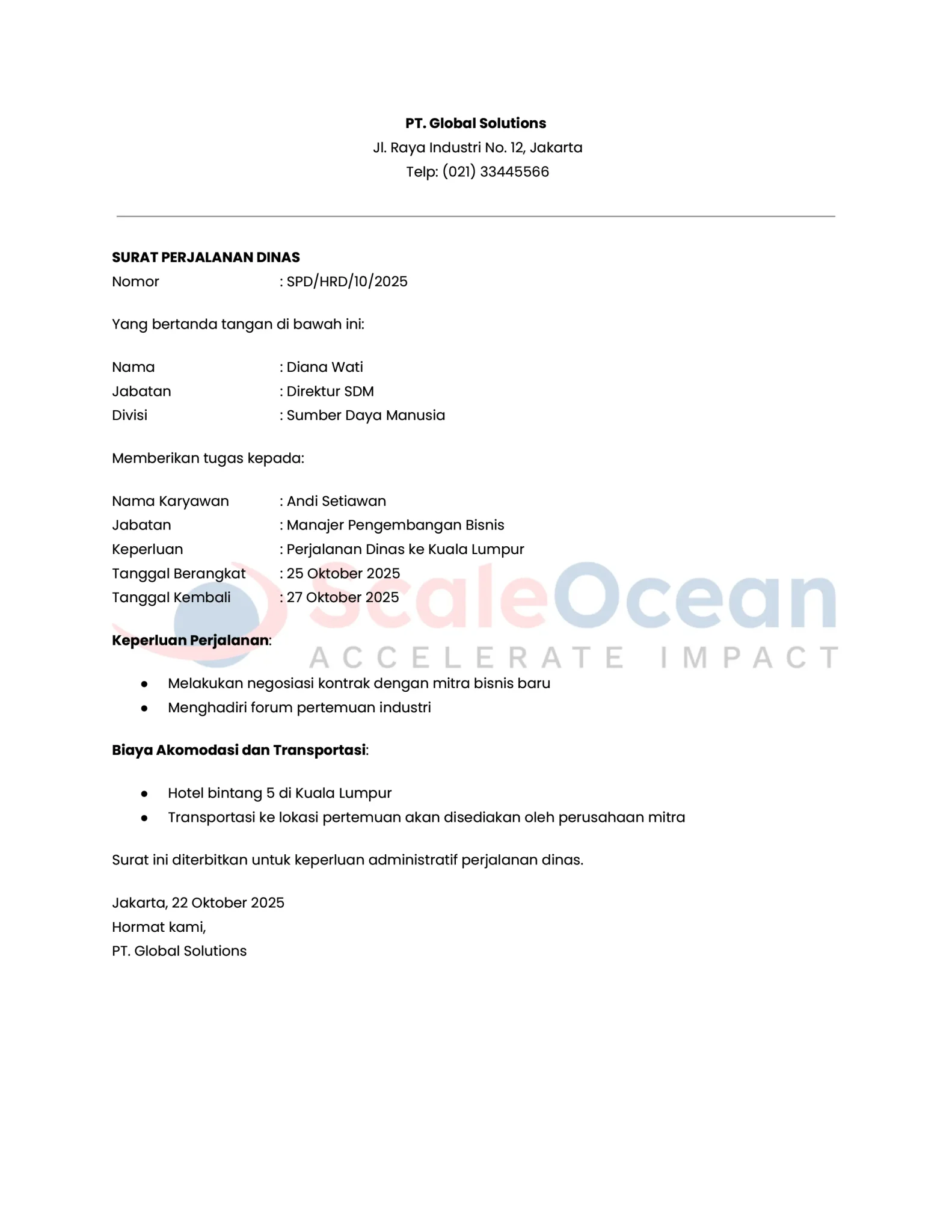Contoh Surat Perjalanan Dinas untuk Karyawan Perusahaan Multinasional