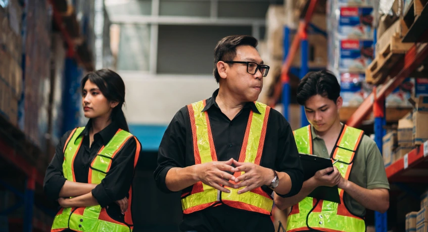 Beberapa karyawan gudang dengan jenis picking list berbeda mencari barang.