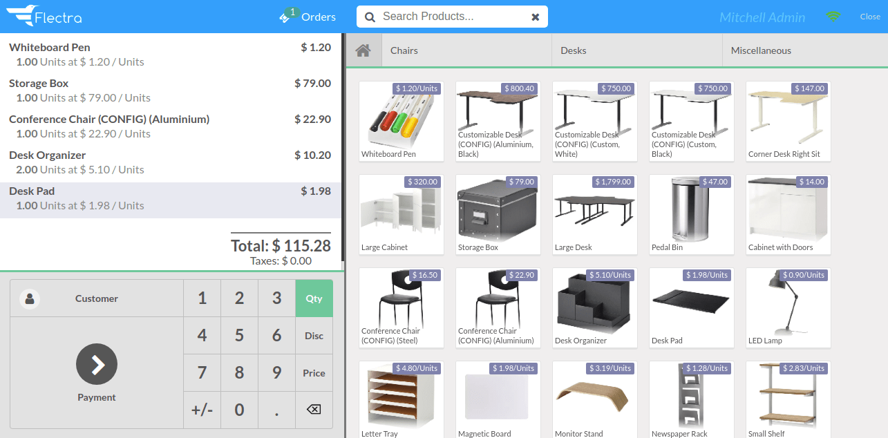 Contoh dashboard sistem minimarket Flectra.