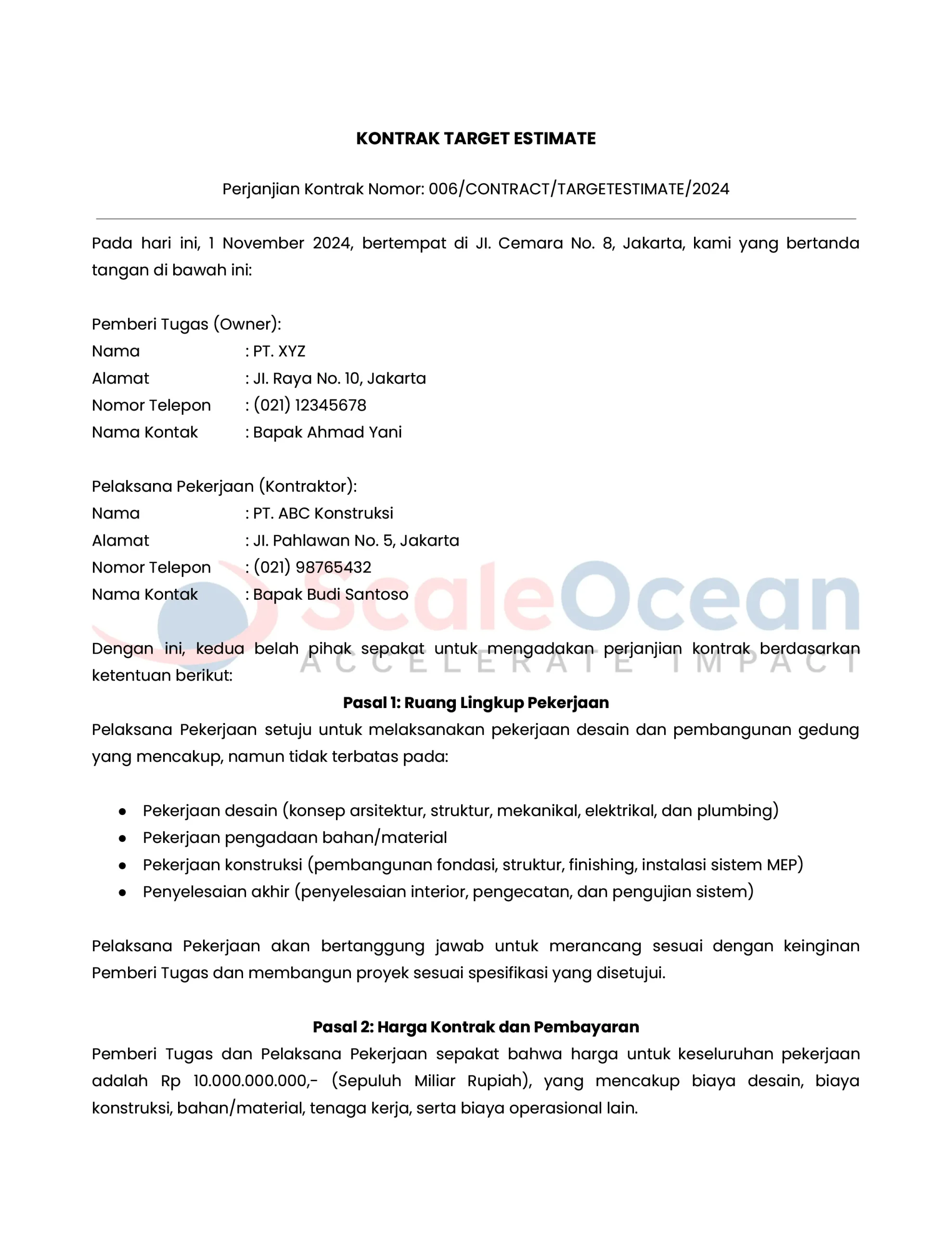 Contoh Surat Kontrak Target Estimate