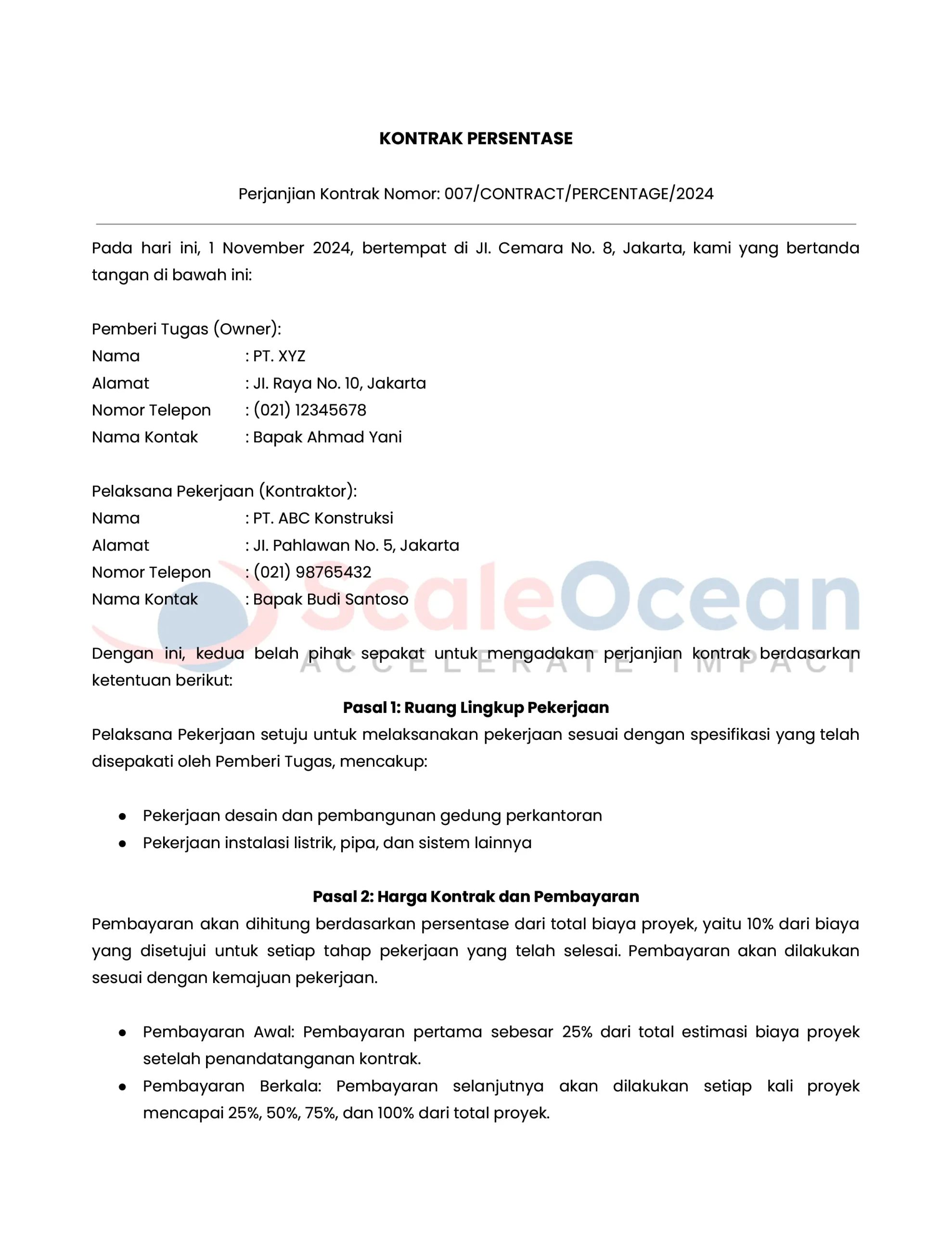 Contoh Surat Kontrak Persentasse