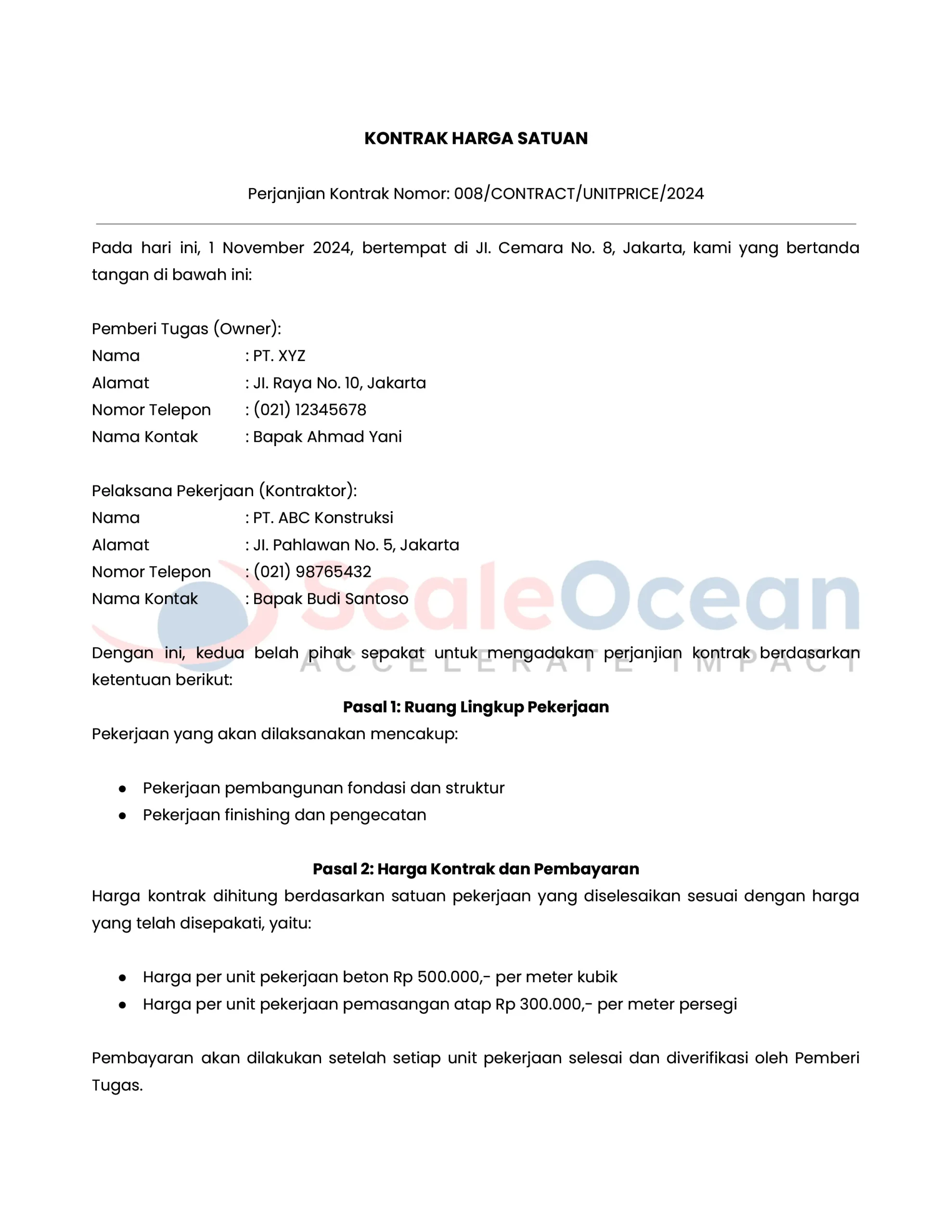Contoh Surat Kontrak Harga Satuan
