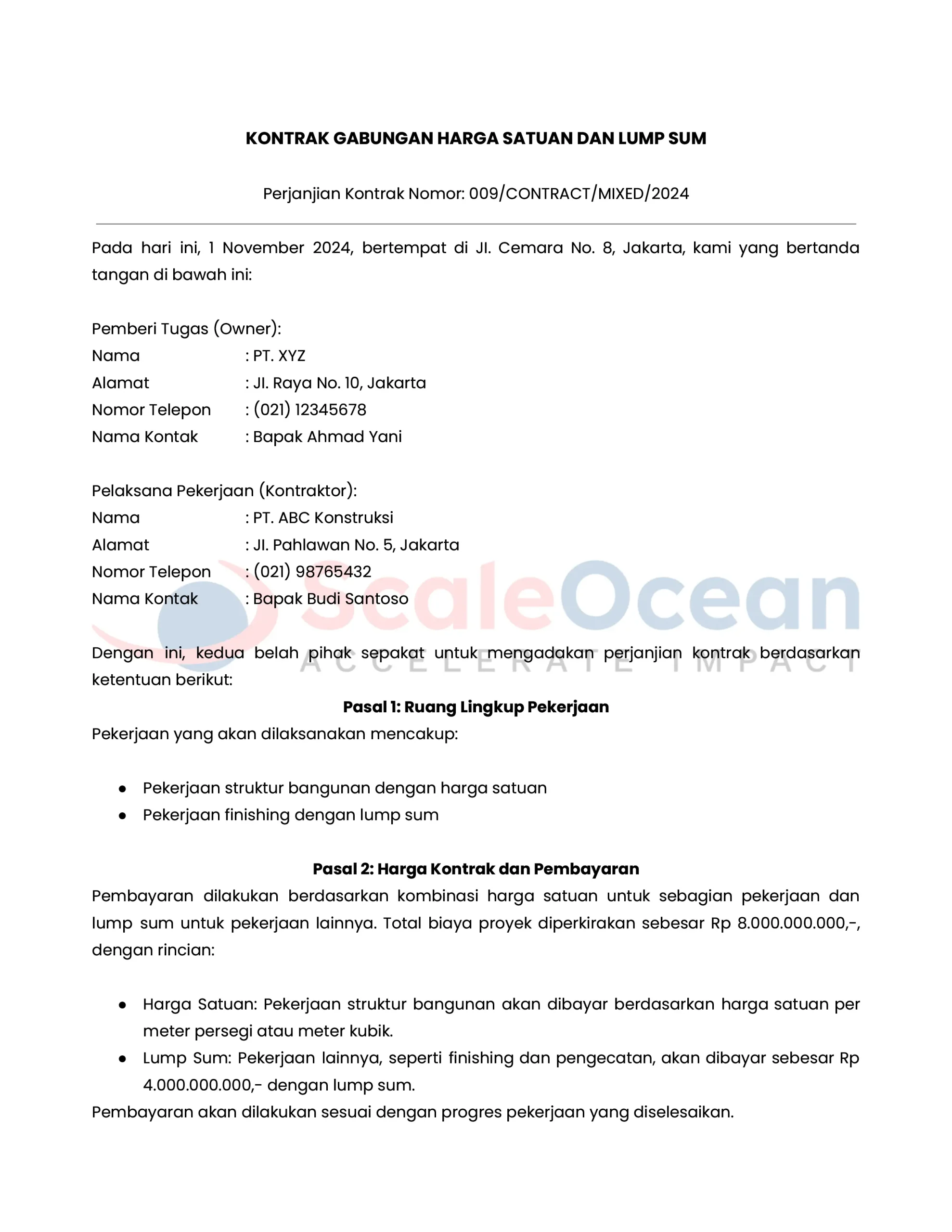 Contoh Surat Kontrak Gabungan Harga Satuan dan Lump Sum