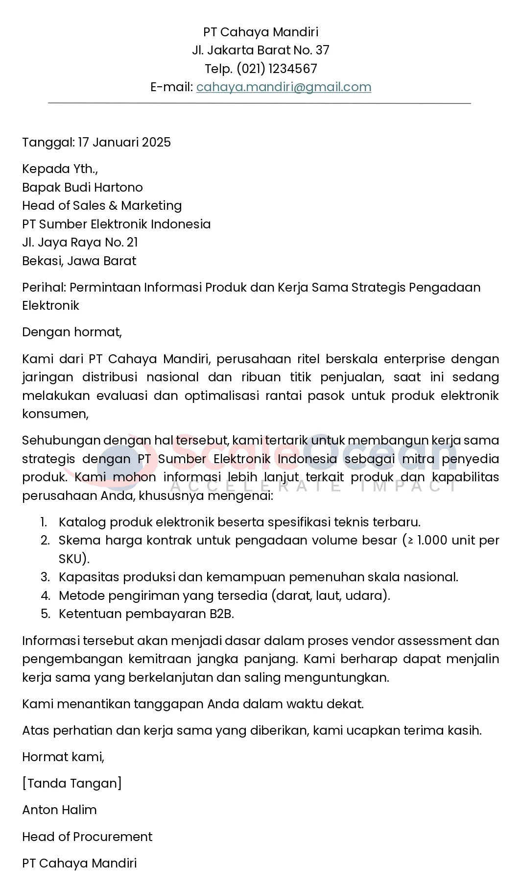 Contoh Inquiry Letter untuk Permintaan Barang (Produk)