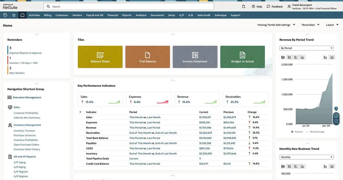 NetSuite Cloud-Based ERP Solution Dashboard