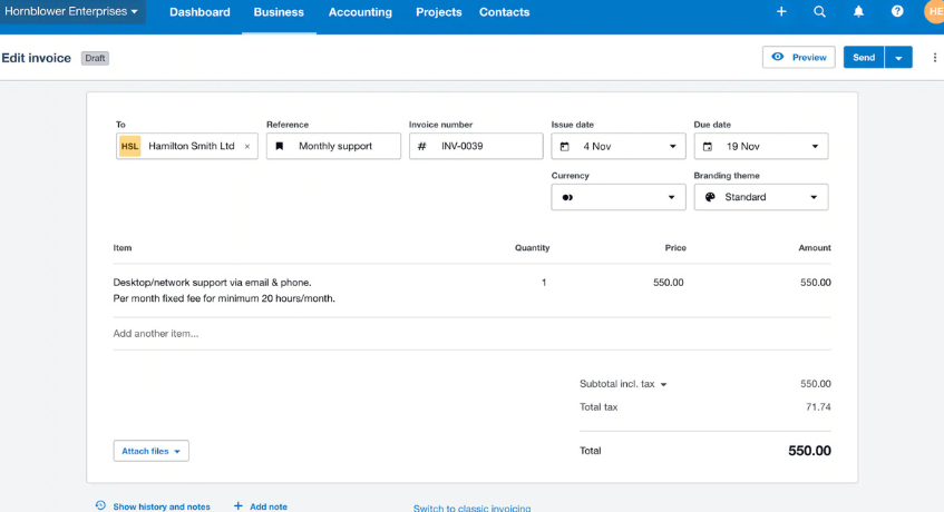 Xero software invoice