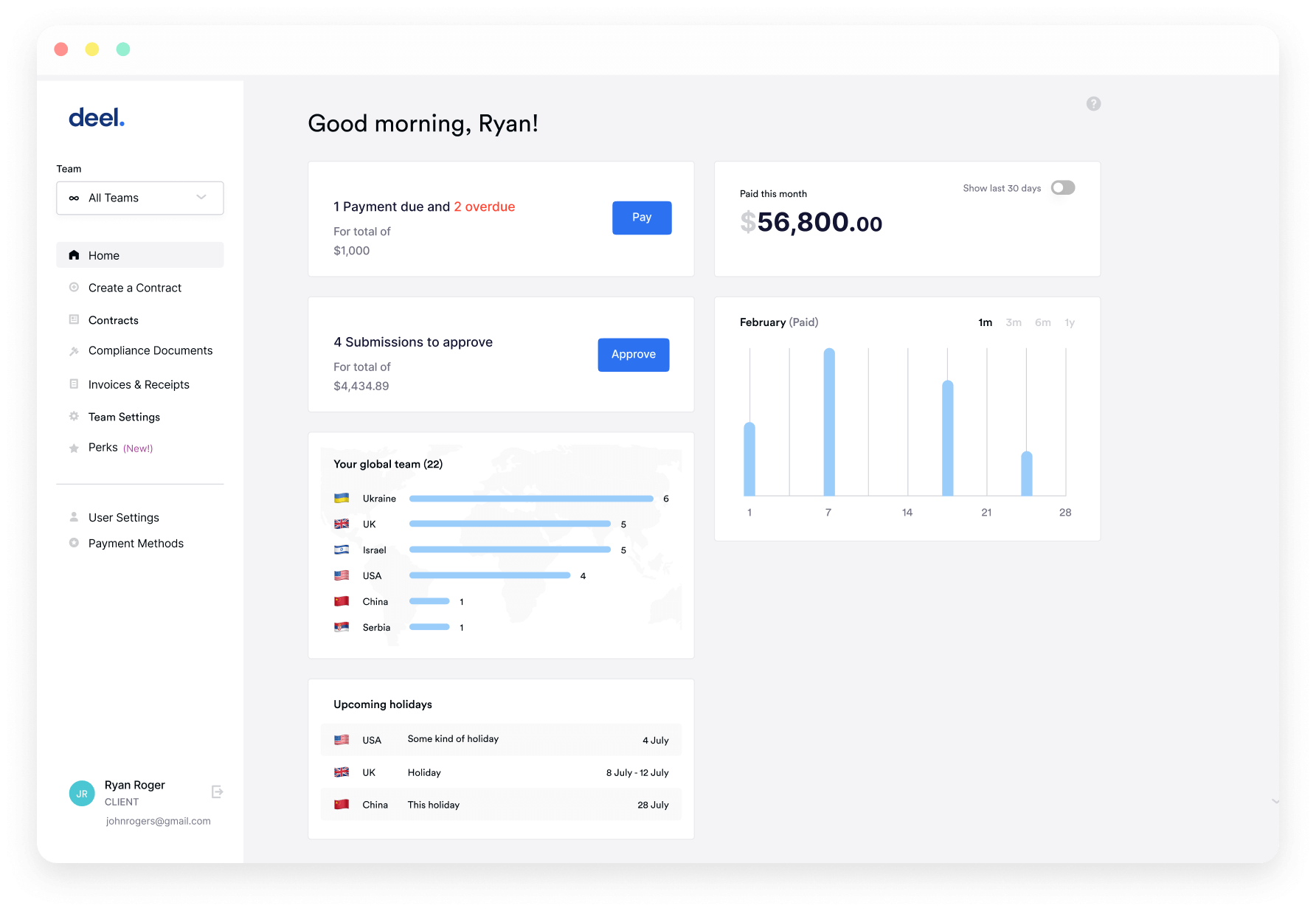 Deel payroll software dashboard