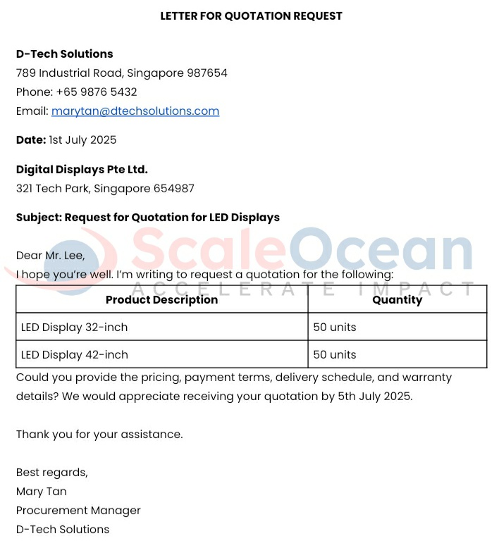 ScaleOcean's Sample Letter for Quotation Request