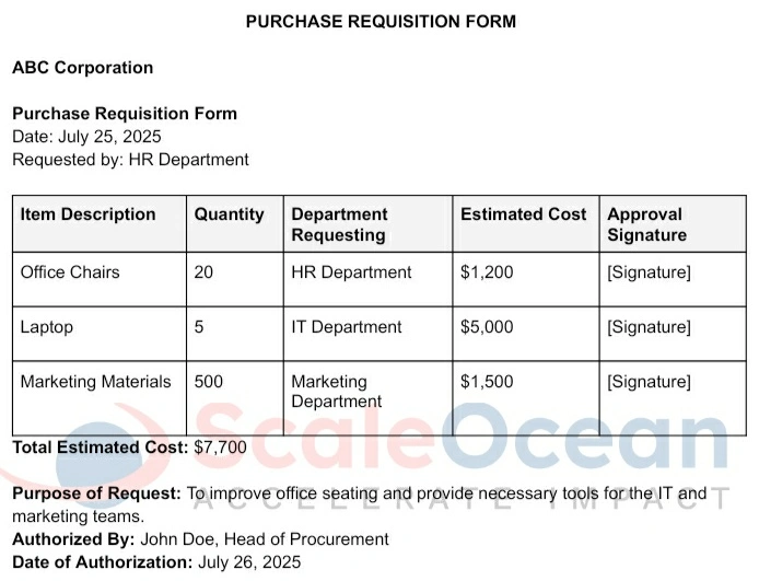 ScaleOcean's sample of purchase requisition form