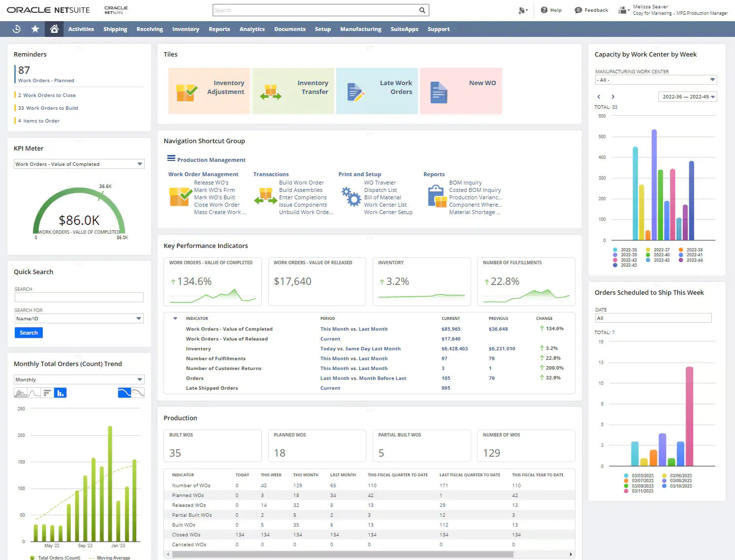Netsuite ERP software dashboard