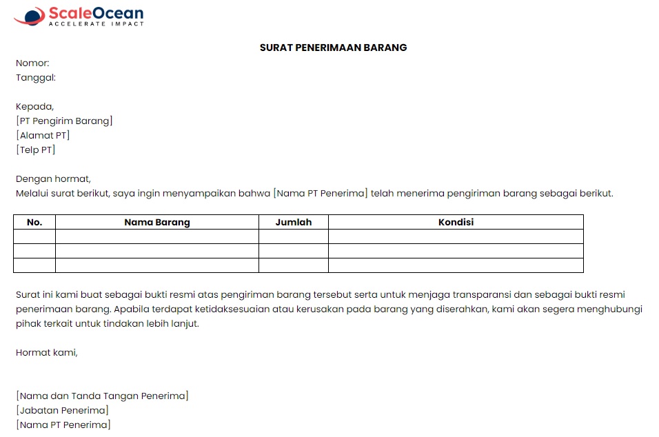 surat penerimaan barang untuk PT