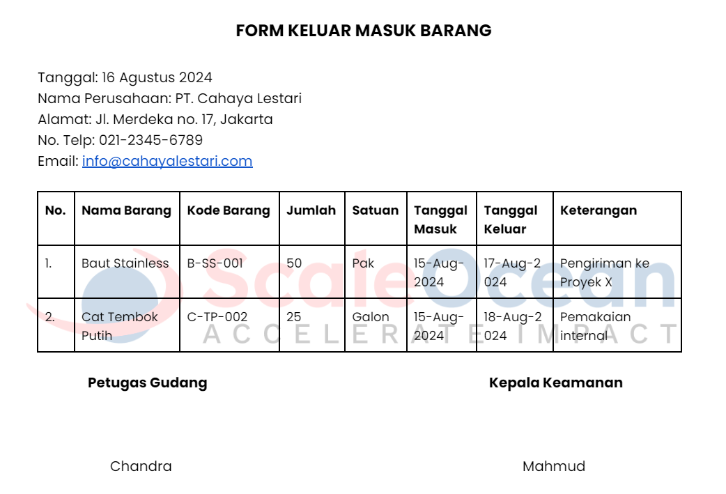 Contoh Form Keluar Masuk Barang Gudang